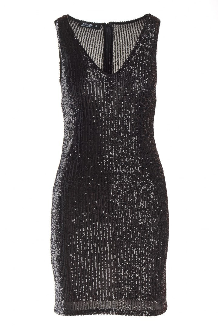 Sukienka mini dopasowana cekinowa bez rękawów dekolt V czarna A484