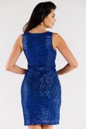 Sukienka mini dopasowana cekinowa bez rękawów dekolt V niebieska A484