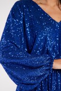 Sukienka cekinowa mini luźna szeroki rękaw dekolt V niebieska A485