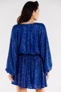 Sukienka cekinowa mini luźna szeroki rękaw dekolt V niebieska A485
