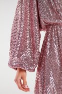 Sukienka cekinowa mini luźna szeroki rękaw dekolt V różowa A485