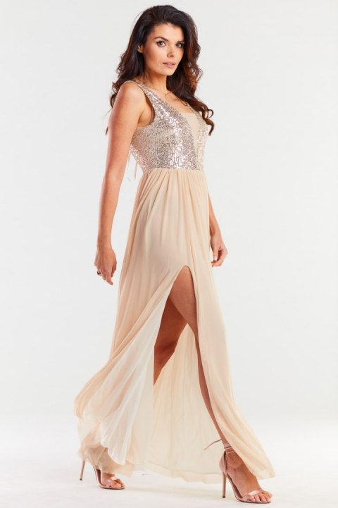 Sukienka elegancka maxi na ramiączkach odkryte plecy cekiny beżowa A486 Sukienka elegancka maxi na ramiączkach odkryte plecy cekiny beżowa A486