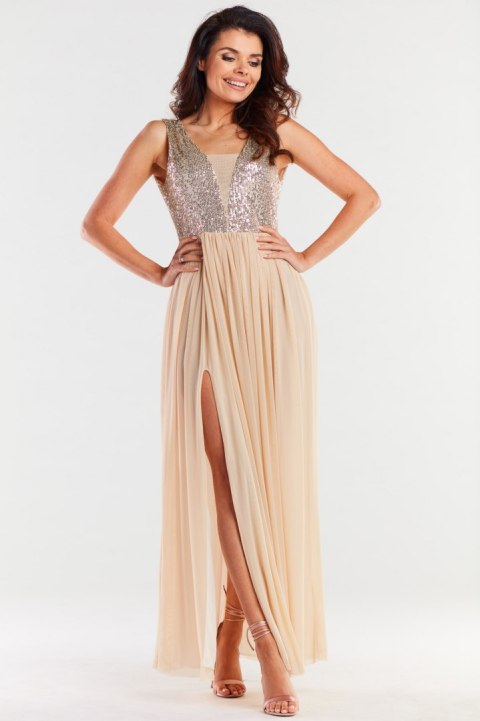 Sukienka elegancka maxi na ramiączkach odkryte plecy cekiny beżowa A486 Sukienka elegancka maxi na ramiączkach odkryte plecy cekiny beżowa A486