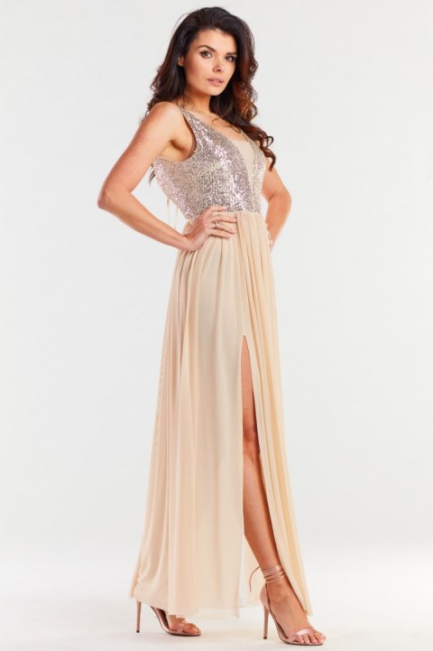 Sukienka elegancka maxi na ramiączkach odkryte plecy cekiny beżowa A486 Sukienka elegancka maxi na ramiączkach odkryte plecy cekiny beżowa A486