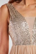 Sukienka elegancka maxi na ramiączkach odkryte plecy cekiny beżowa A486