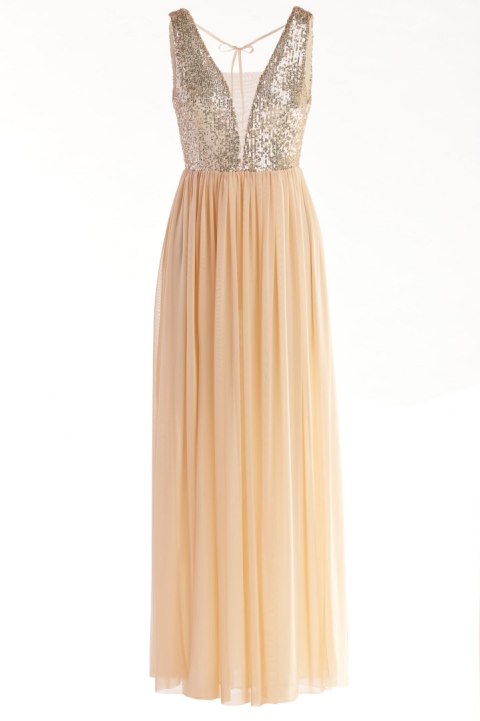 Sukienka elegancka maxi na ramiączkach odkryte plecy cekiny beżowa A486 Sukienka elegancka maxi na ramiączkach odkryte plecy cekiny beżowa A486