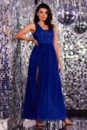 Sukienka elegancka maxi na ramiączkach odkryte plecy cekiny niebieska A486