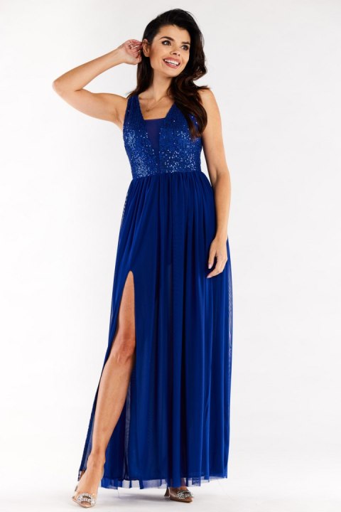 Sukienka elegancka maxi na ramiączkach odkryte plecy cekiny niebieska A486 Sukienka elegancka maxi na ramiączkach odkryte plecy cekiny niebieska A486