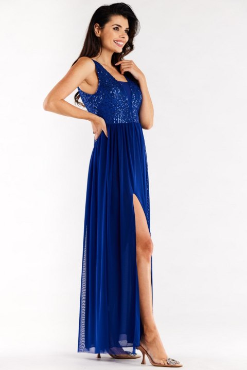 Sukienka elegancka maxi na ramiączkach odkryte plecy cekiny niebieska A486 Sukienka elegancka maxi na ramiączkach odkryte plecy cekiny niebieska A486