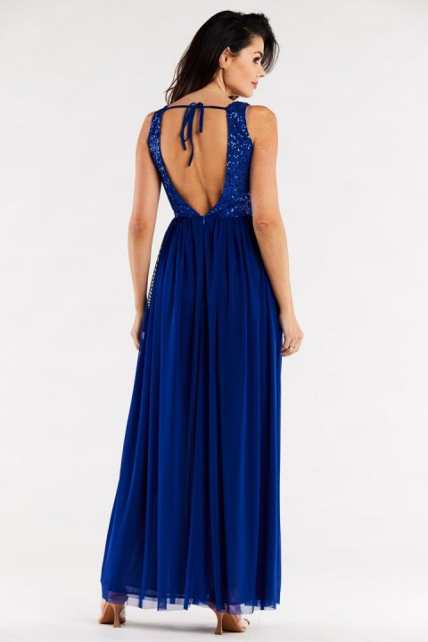 Sukienka elegancka maxi na ramiączkach odkryte plecy cekiny niebieska A486 Sukienka elegancka maxi na ramiączkach odkryte plecy cekiny niebieska A486