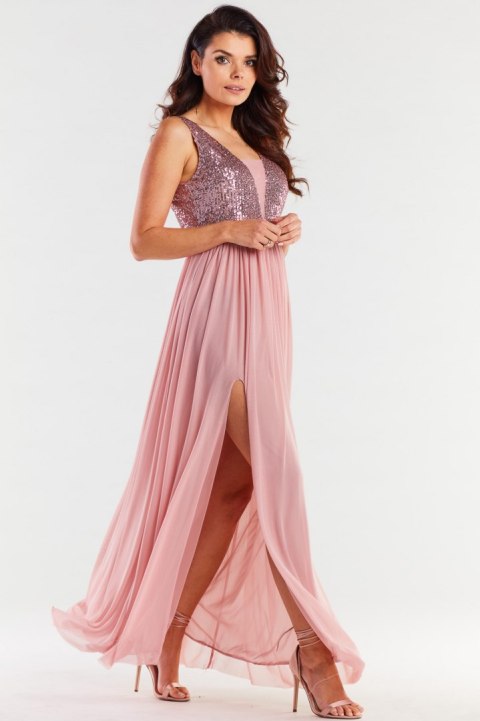 Sukienka elegancka maxi na ramiączkach odkryte plecy cekiny różowa A486 Sukienka elegancka maxi na ramiączkach odkryte plecy cekiny różowa A486