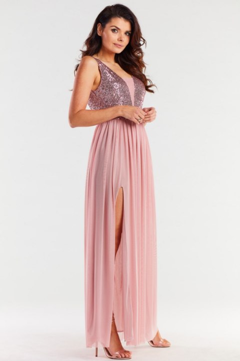 Sukienka elegancka maxi na ramiączkach odkryte plecy cekiny różowa A486 Sukienka elegancka maxi na ramiączkach odkryte plecy cekiny różowa A486