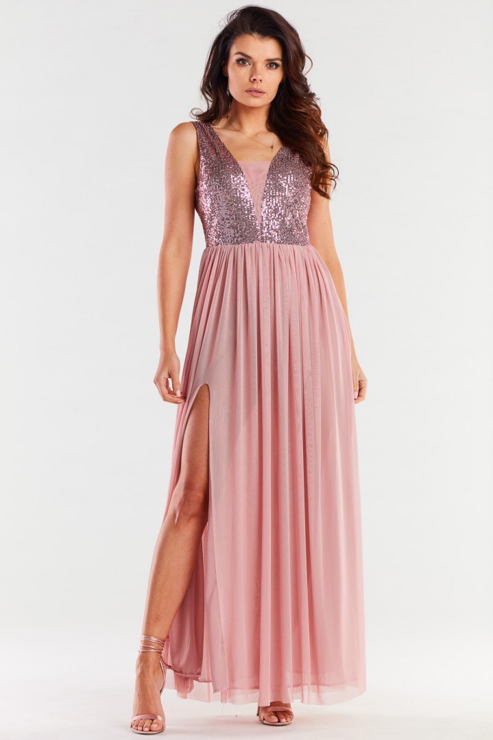Sukienka elegancka maxi na ramiączkach odkryte plecy cekiny różowa A486 Sukienka elegancka maxi na ramiączkach odkryte plecy cekiny różowa A486