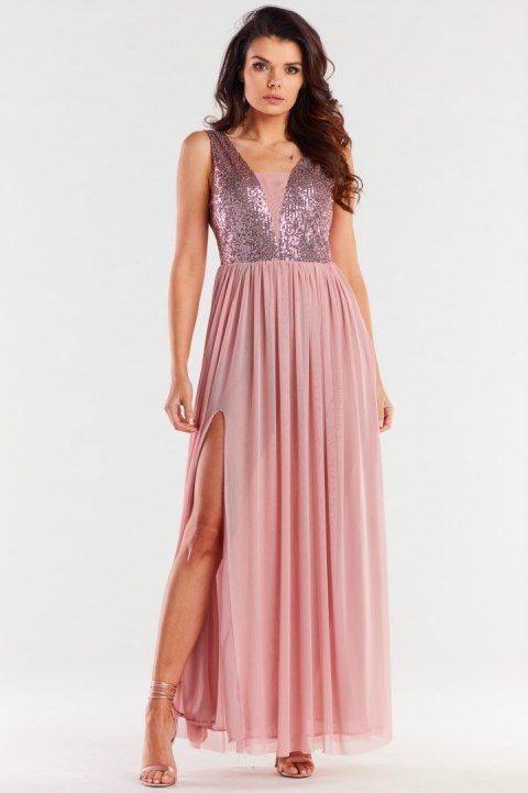 Sukienka elegancka maxi na ramiączkach odkryte plecy cekiny różowa A486 Sukienka elegancka maxi na ramiączkach odkryte plecy cekiny różowa A486
