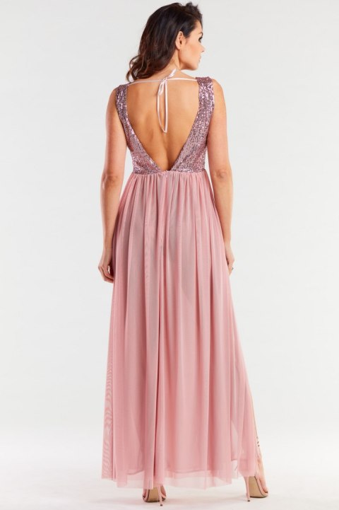 Sukienka elegancka maxi na ramiączkach odkryte plecy cekiny różowa A486 Sukienka elegancka maxi na ramiączkach odkryte plecy cekiny różowa A486