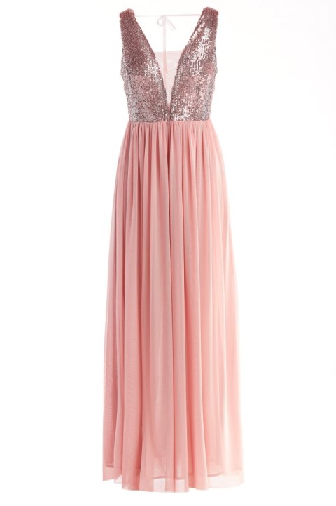 Sukienka elegancka maxi na ramiączkach odkryte plecy cekiny różowa A486 Sukienka elegancka maxi na ramiączkach odkryte plecy cekiny różowa A486