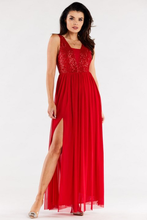 Sukienka elegancka maxi na ramiączkach odkryte plecy cekiny czerwona A486 Sukienka elegancka maxi na ramiączkach odkryte plecy cekiny czerwona A486