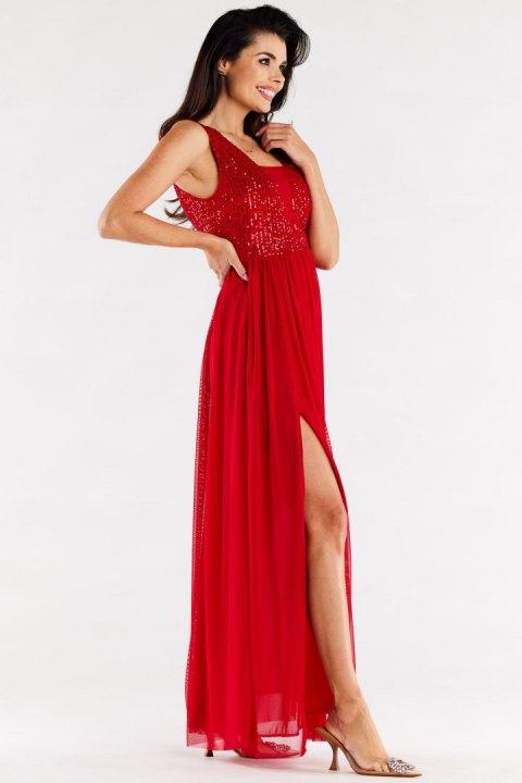 Sukienka elegancka maxi na ramiączkach odkryte plecy cekiny czerwona A486 Sukienka elegancka maxi na ramiączkach odkryte plecy cekiny czerwona A486