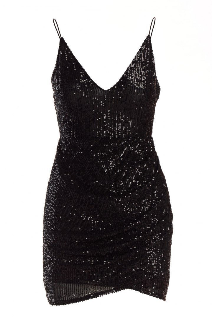 Sukienka mini cekinowa na ramiączkach odkryte plecy dekolt V czarna A487