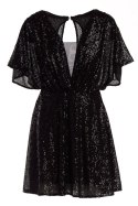 Sukienka mini cekinowa rozkloszowana krótki rękaw dekolt V czarna A488
