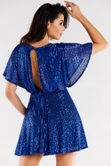 Sukienka mini cekinowa rozkloszowana krótki rękaw dekolt V niebieska A488