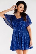 Sukienka mini cekinowa rozkloszowana krótki rękaw dekolt V niebieska A488