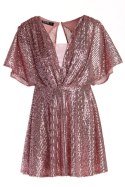 Sukienka mini cekinowa rozkloszowana krótki rękaw dekolt V różowa A488