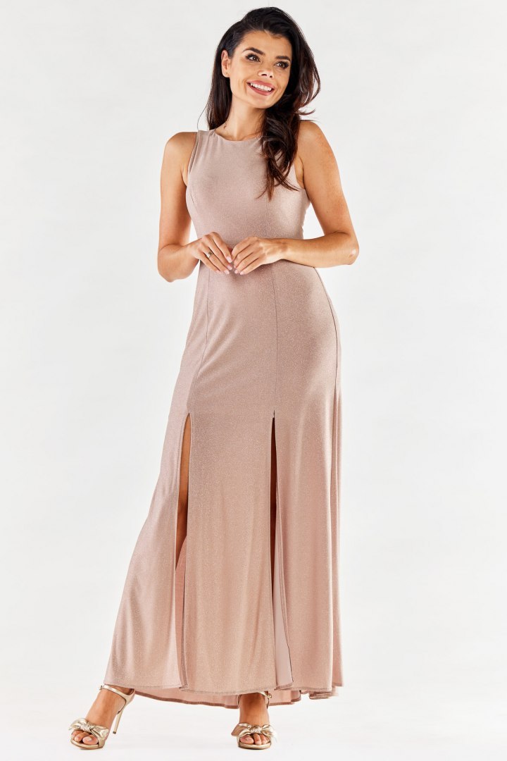 Sukienka maxi elegancka brokatowa z rozcięciami bez rękawów beżowa A549 Sukienka maxi elegancka brokatowa z rozcięciami bez rękawów beżowa A549