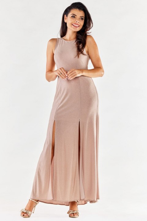 Sukienka maxi elegancka brokatowa z rozcięciami bez rękawów beżowa A549 Sukienka maxi elegancka brokatowa z rozcięciami bez rękawów beżowa A549