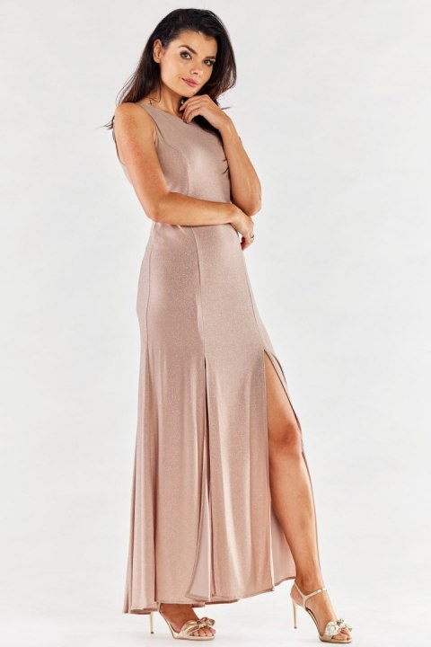 Sukienka maxi elegancka brokatowa z rozcięciami bez rękawów beżowa A549 Sukienka maxi elegancka brokatowa z rozcięciami bez rękawów beżowa A549