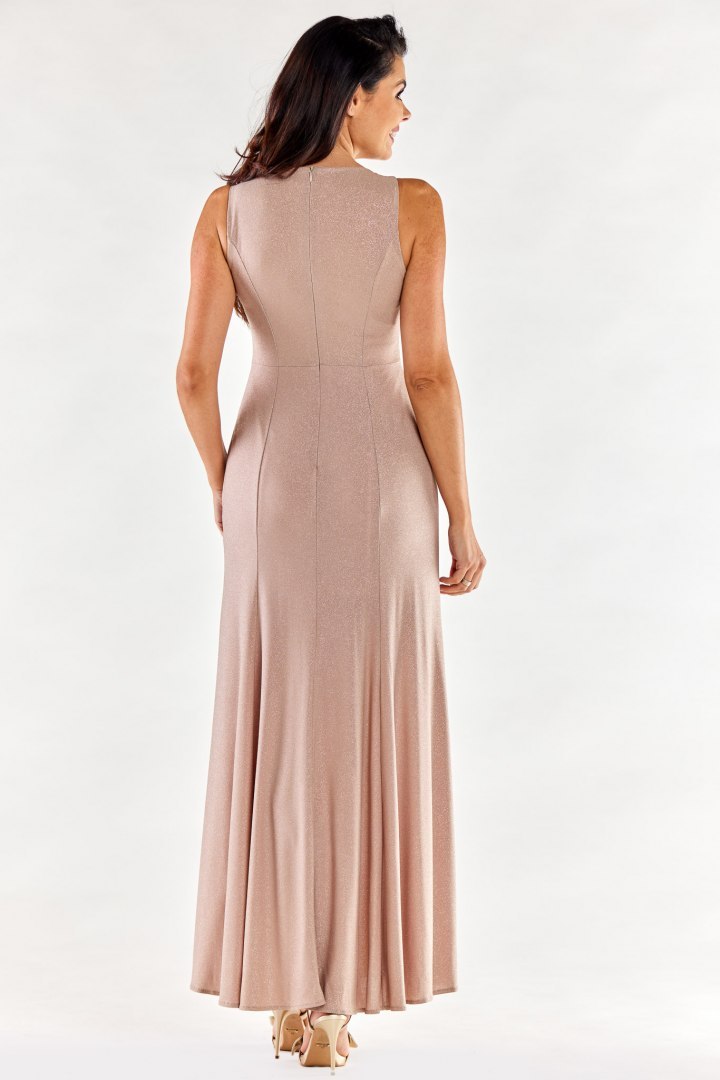 Sukienka maxi elegancka brokatowa z rozcięciami bez rękawów beżowa A549 Sukienka maxi elegancka brokatowa z rozcięciami bez rękawów beżowa A549