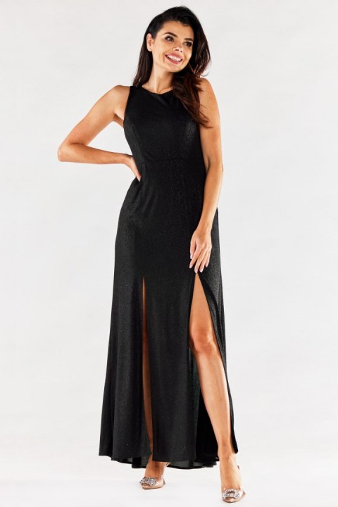 Sukienka maxi elegancka brokatowa z rozcięciami bez rękawów czarna A549 Sukienka maxi elegancka brokatowa z rozcięciami bez rękawów czarna A549