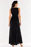 Sukienka maxi elegancka brokatowa z rozcięciami bez rękawów czarna A549