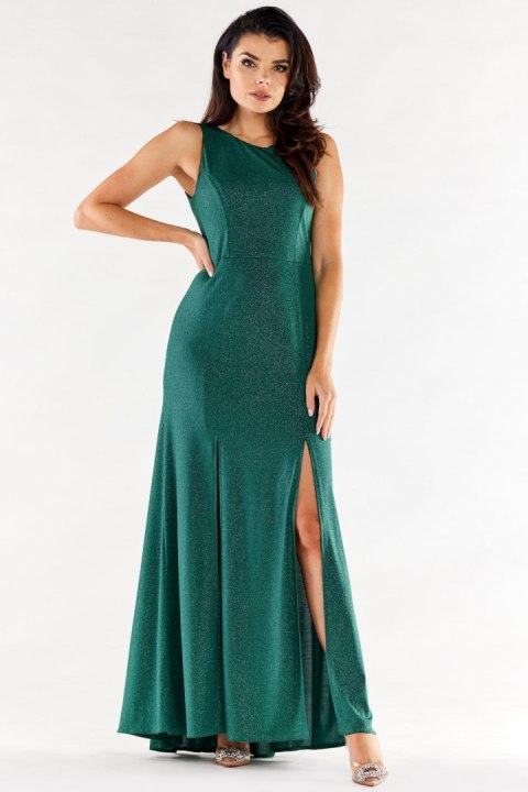 Sukienka maxi elegancka brokatowa z rozcięciami bez rękawów zielona A549 Sukienka maxi elegancka brokatowa z rozcięciami bez rękawów zielona A549
