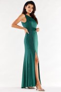 Sukienka maxi elegancka brokatowa z rozcięciami bez rękawów zielona A549