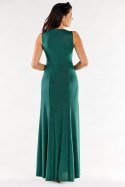 Sukienka maxi elegancka brokatowa z rozcięciami bez rękawów zielona A549