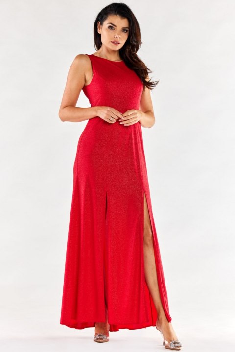 Sukienka maxi elegancka brokatowa z rozcięciami bez rękawów czerwona A549 Sukienka maxi elegancka brokatowa z rozcięciami bez rękawów czerwona A549