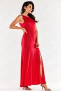 Sukienka maxi elegancka brokatowa z rozcięciami bez rękawów czerwona A549