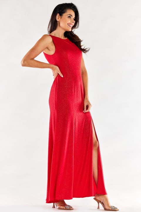 Sukienka maxi elegancka brokatowa z rozcięciami bez rękawów czerwona A549 Sukienka maxi elegancka brokatowa z rozcięciami bez rękawów czerwona A549