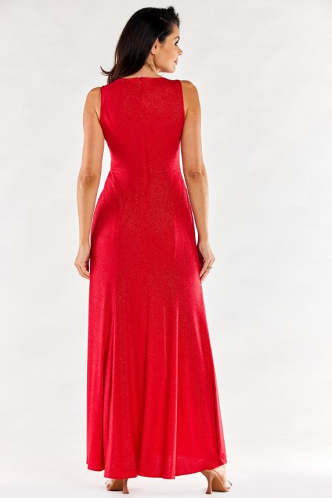 Sukienka maxi elegancka brokatowa z rozcięciami bez rękawów czerwona A549 Sukienka maxi elegancka brokatowa z rozcięciami bez rękawów czerwona A549