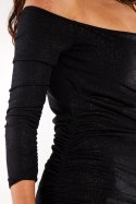 Sukienka mini brokatowa marszczona dopasowana odkryte ramiona czarna A550