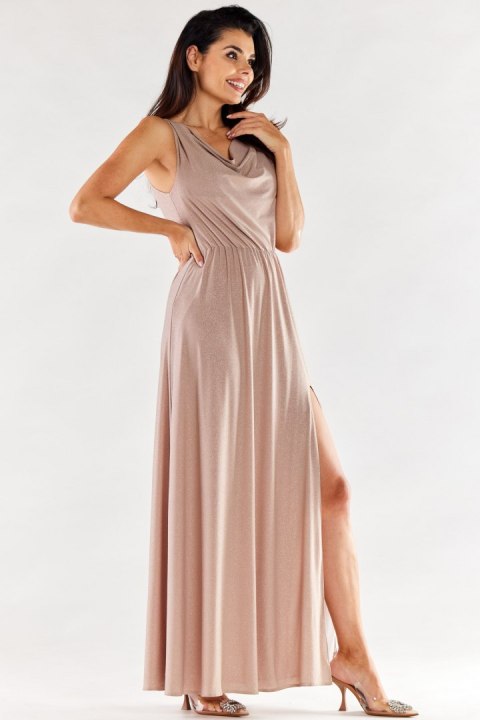 Sukienka brokatowa elegancka maxi bez rękawów rozcięcie beżowa A553 Sukienka brokatowa elegancka maxi bez rękawów rozcięcie beżowa A553