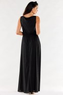 Sukienka brokatowa elegancka maxi bez rękawów rozcięcie czarna A553