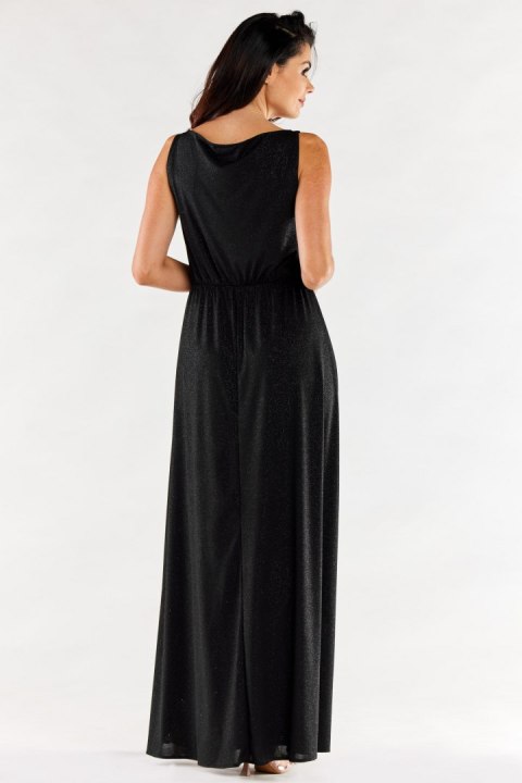 Sukienka brokatowa elegancka maxi bez rękawów rozcięcie czarna A553 Sukienka brokatowa elegancka maxi bez rękawów rozcięcie czarna A553