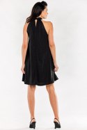 Sukienka mini rozkloszowana brokatowa na stójce bez rękawów czarna A556