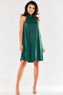 Sukienka mini rozkloszowana brokatowa na stójce bez rękawów zielona A556