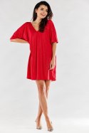Sukienka lużna mini brokatowa dekolt V krótki rękaw czerwona A557