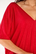 Sukienka lużna mini brokatowa dekolt V krótki rękaw czerwona A557