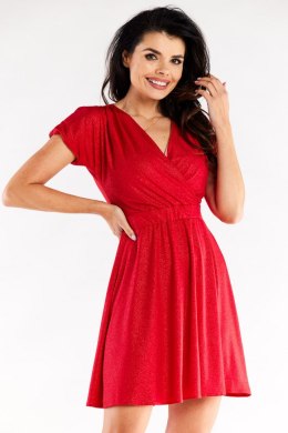 Sukienka mini brokatowa rozkloszowana krótki rękaw czerwona A558