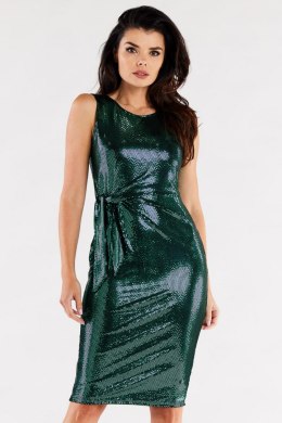 Sukienka błyszcząca dopasowana midi bez rękawów wiązana zielona A560